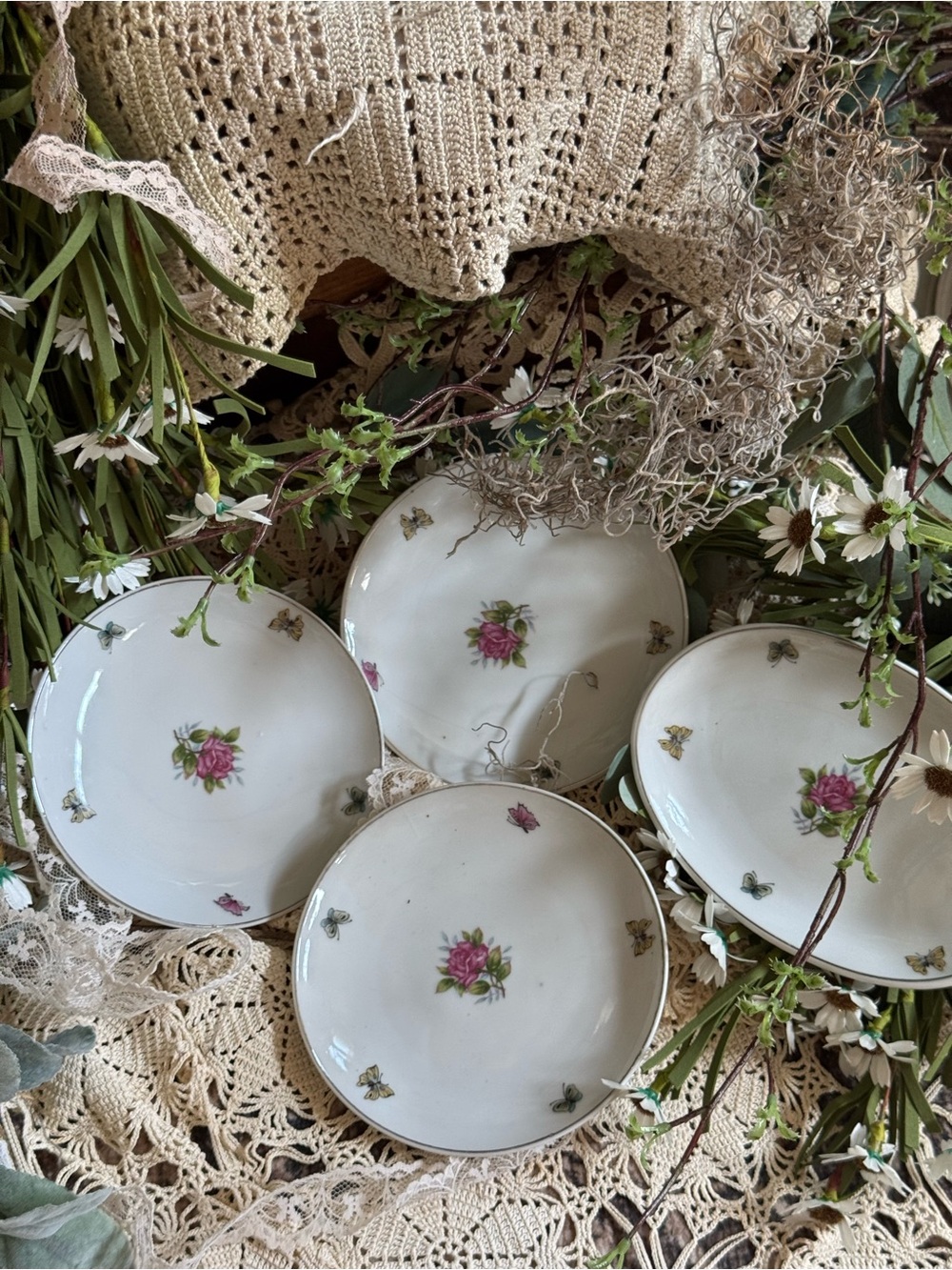 Vintage Floral Porcelain Dessert Plates- Pink Rose Pattern
